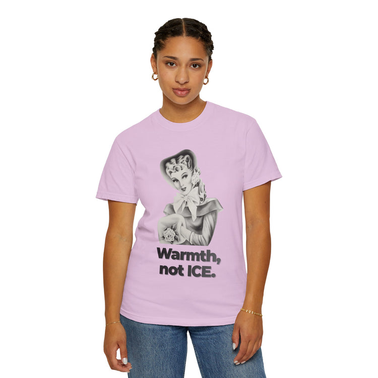 "Warmth, not ICE" Vintage Portrait Tee | Pro-Immigrant Activism | Garment-Dyed Heavyweight Crewneck