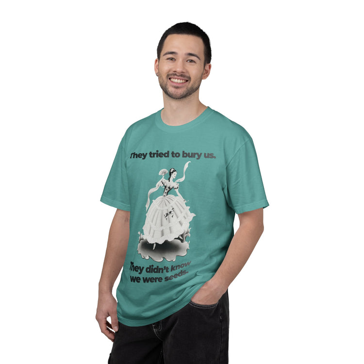 "They Tried to Bury Us" Vintage Portrait Tee | Immigrant & Queer Resilience | Garment-Dyed Heavyweight Crewneck