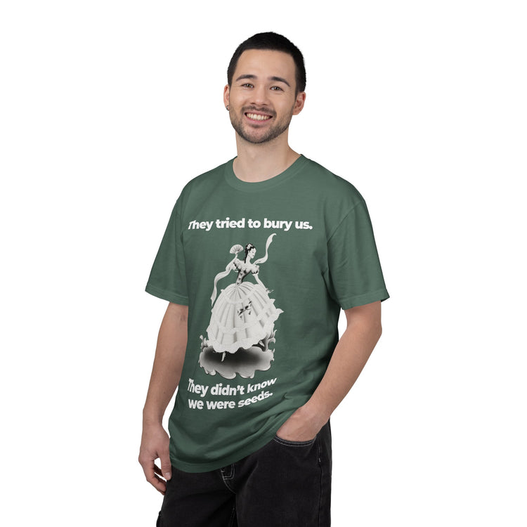 "They Tried to Bury Us" Vintage Portrait Tee | Immigrant & Queer Resilience | Garment-Dyed Heavyweight Crewneck