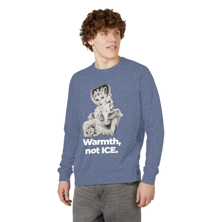 "Warmth, not ICE" Vintage Portrait Raglan Crewneck | Pro-Immigrant Activism | French Terry Sweatshirt