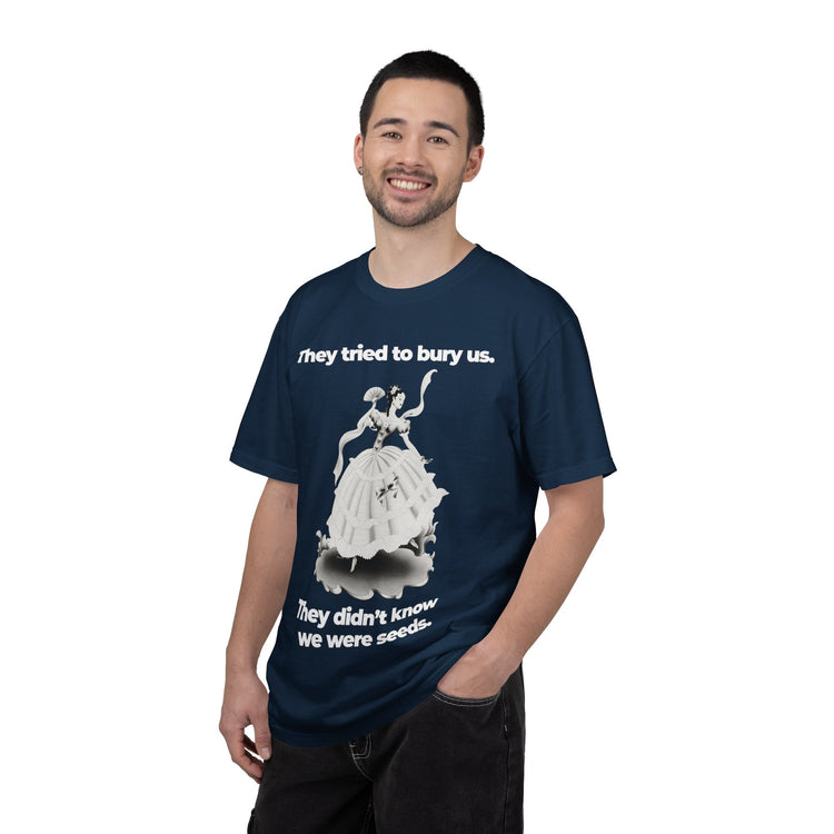 "They Tried to Bury Us" Vintage Portrait Tee | Immigrant & Queer Resilience | Garment-Dyed Heavyweight Crewneck
