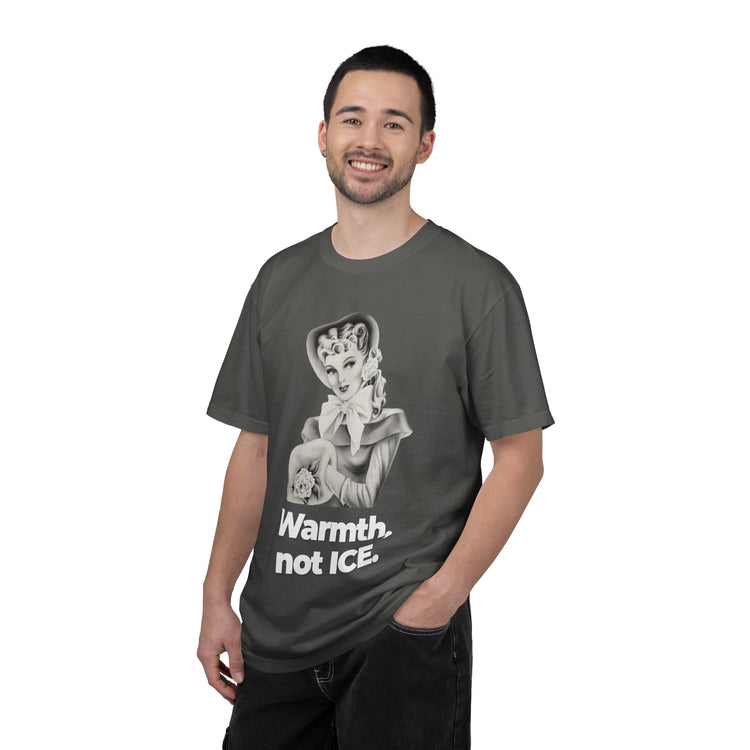"Warmth, not ICE" Vintage Portrait Tee | Pro-Immigrant Activism | Garment-Dyed Heavyweight Crewneck