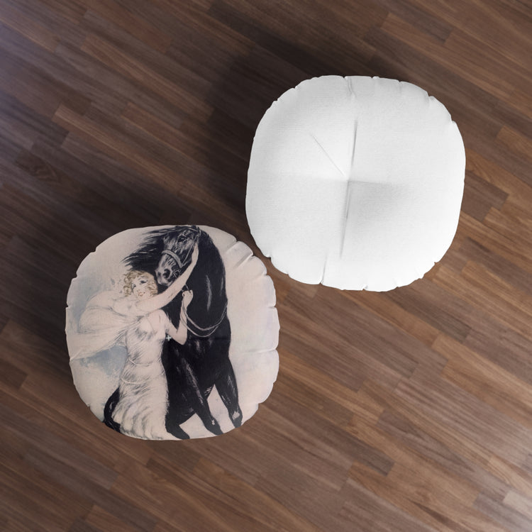 Youth by Louis Icart | Round Tufted Floor Pillow | Art Deco Home Decor