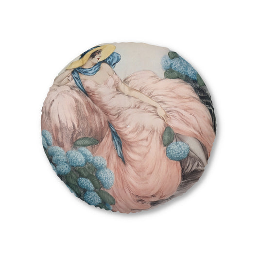 Hortense by Louis Icart | Round Tufted Floor Pillow | Art Deco Home Decor