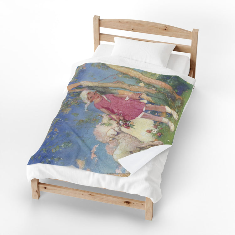 Mary and Her Little Lamb by Albert Hencke | Vintage Nursery Rhyme Illustration | Velveteen Plush Blanket