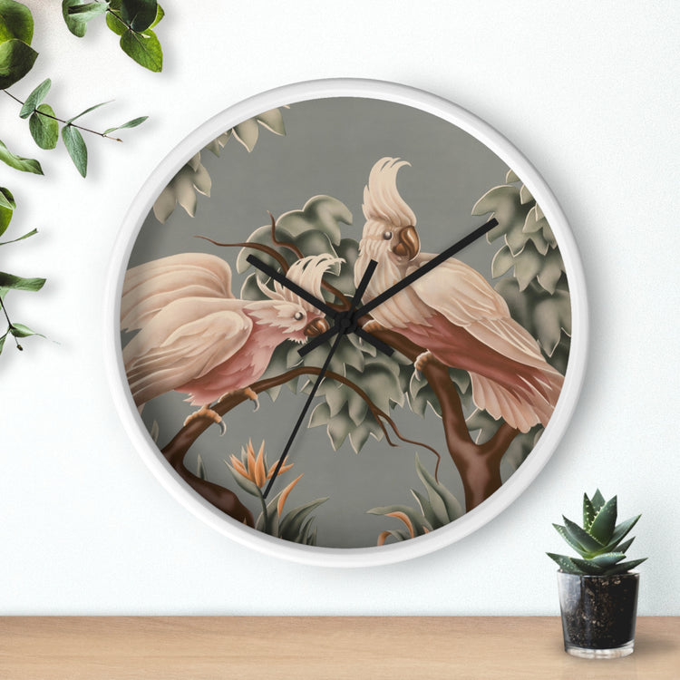 Turner White Cockatoos Wall Clock — Vintage Tropical Bird Lithograph Home Decor