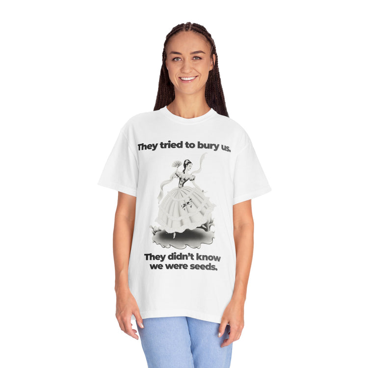 "They Tried to Bury Us" Vintage Portrait Tee | Immigrant & Queer Resilience | Garment-Dyed Heavyweight Crewneck