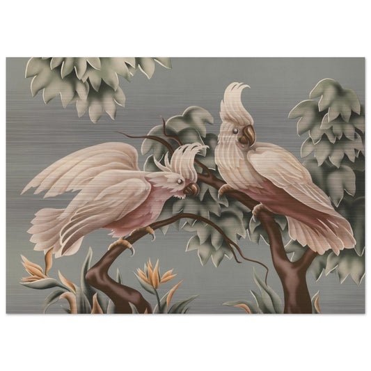 Turner White Cockatoos Brushed Aluminum Print | Vintage Tropical Bird Lithograph Metal Art