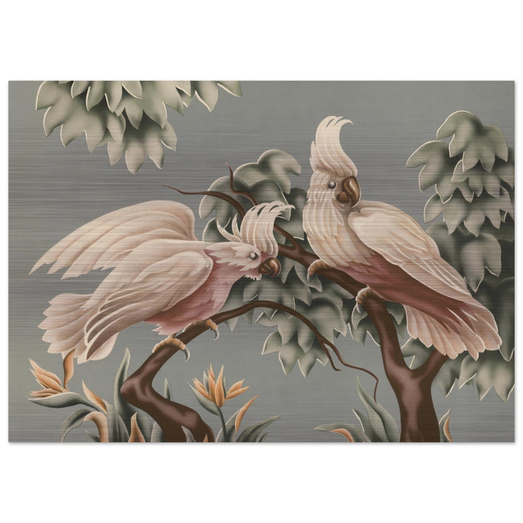Turner White Cockatoos Brushed Aluminum Print | Vintage Tropical Bird Lithograph Metal Art