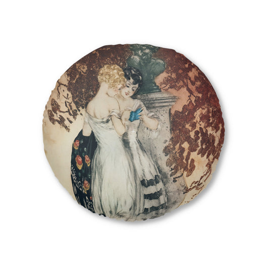 Secrets by Louis Icart | Round Tufted Floor Pillow | Art Deco Home Decor