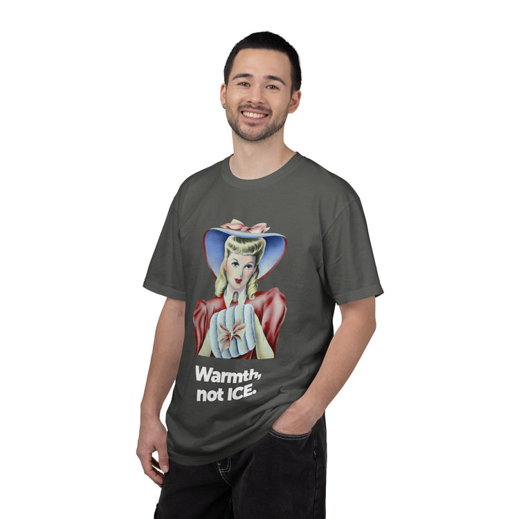 "Warmth, not ICE" Vintage Portrait Tee | Pro-Immigrant Activism | Garment-Dyed Heavyweight Crewneck