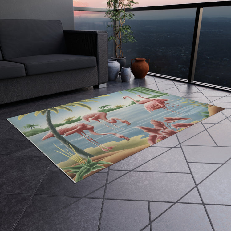 Turner Flamingo Outdoor Rug — Vintage Bird Lithograph Patio Mat