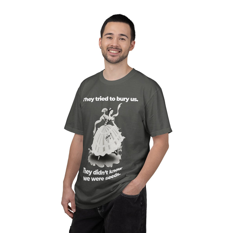 "They Tried to Bury Us" Vintage Portrait Tee | Immigrant & Queer Resilience | Garment-Dyed Heavyweight Crewneck