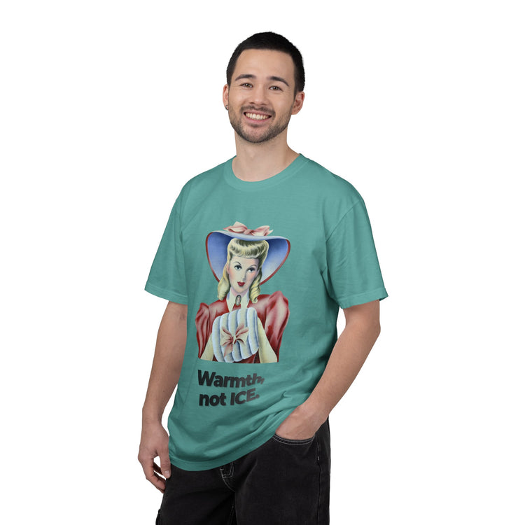 "Warmth, not ICE" Vintage Portrait Tee | Pro-Immigrant Activism | Garment-Dyed Heavyweight Crewneck
