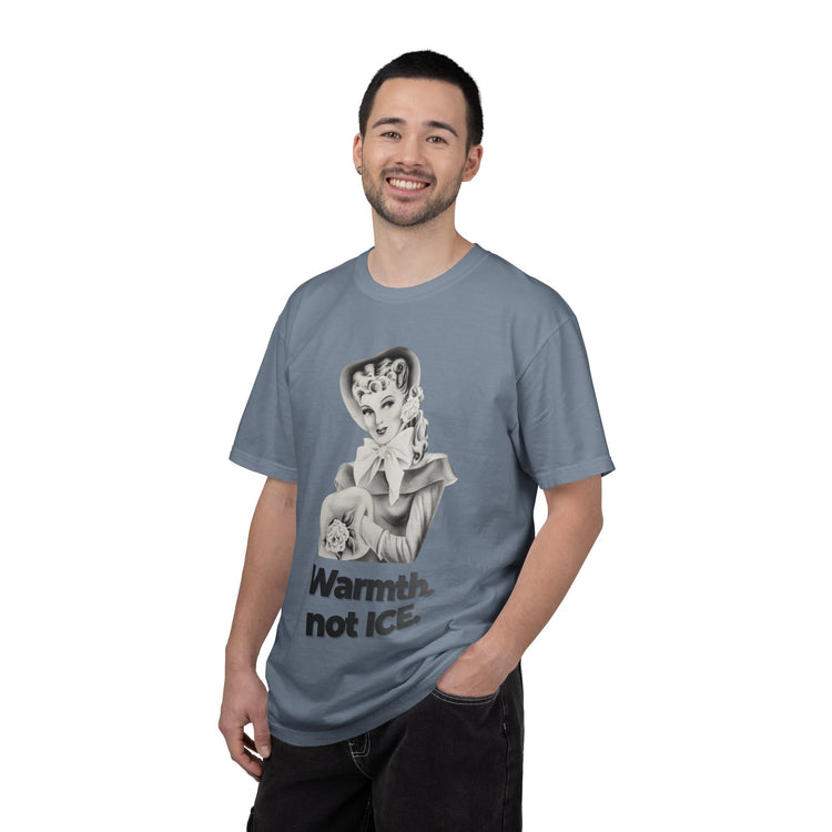 "Warmth, not ICE" Vintage Portrait Tee | Pro-Immigrant Activism | Garment-Dyed Heavyweight Crewneck