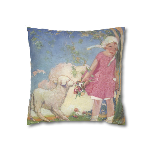 Mary and Her Little Lamb by Albert Hencke | Vintage Nursery Illustration | Faux Suede Pillowcase