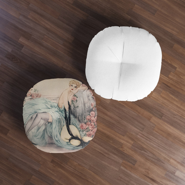 La Belle Rose by Louis Icart | Round Tufted Floor Pillow | Art Deco Home Decor