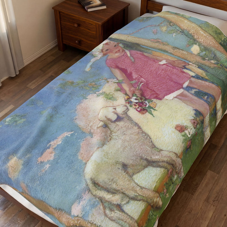 Mary and Her Little Lamb by Albert Hencke | Vintage Nursery Rhyme Illustration | Velveteen Plush Blanket