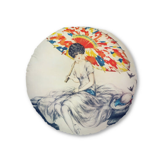 Parasol by Louis Icart | Round Tufted Floor Pillow | Art Deco Home Decor