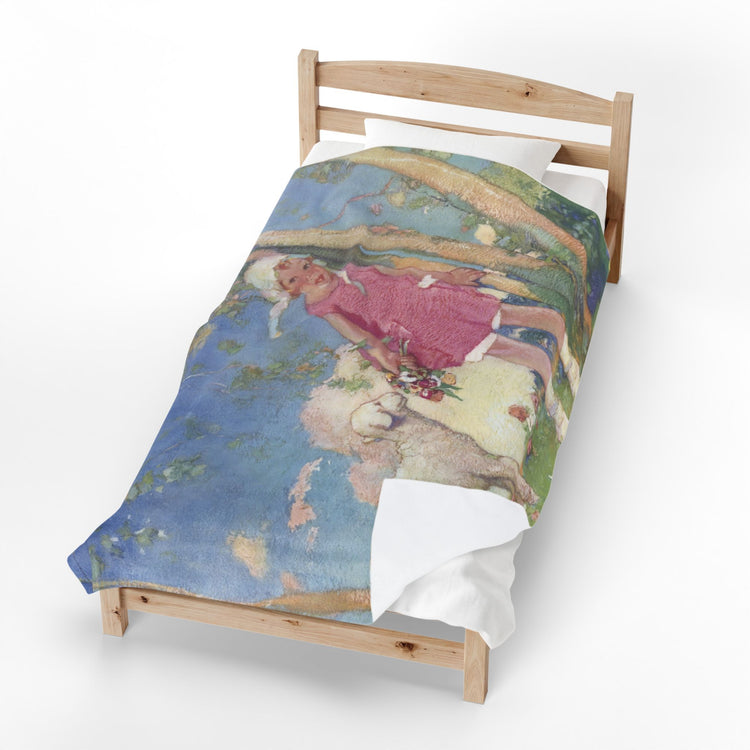 Mary and Her Little Lamb by Albert Hencke | Vintage Nursery Rhyme Illustration | Velveteen Plush Blanket