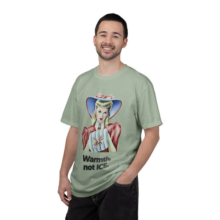 "Warmth, not ICE" Vintage Portrait Tee | Pro-Immigrant Activism | Garment-Dyed Heavyweight Crewneck