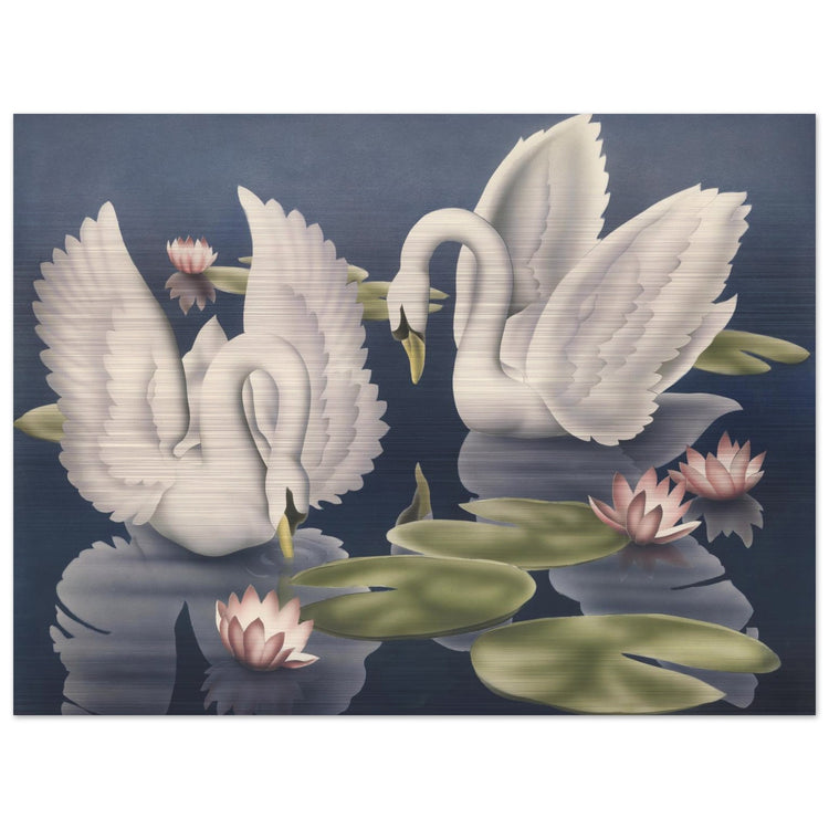 Turner Swans and Lillies Brushed Aluminum Print | Vintage Bird Lithograph Metal Art