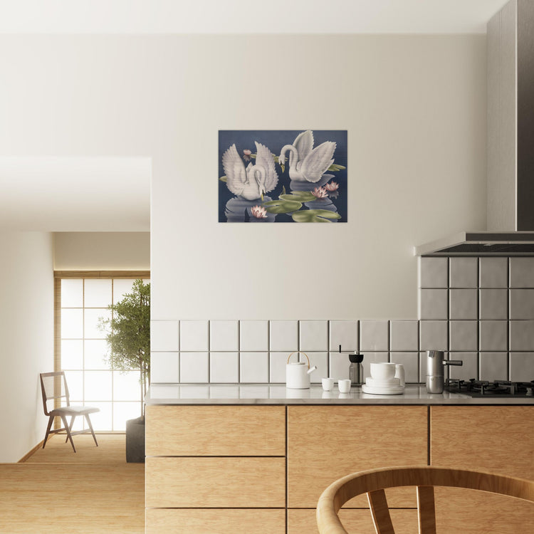 Turner Swans and Lillies Brushed Aluminum Print | Vintage Bird Lithograph Metal Art