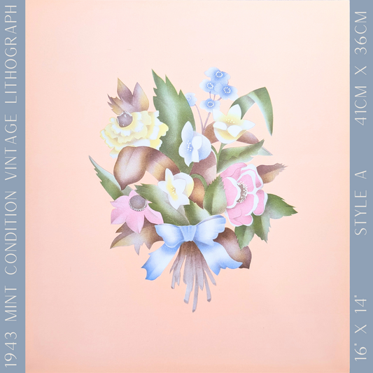 Beautytone Bouquet in Coral by Cecilia Terone | 1943 Vintage Lithograph | Romantic Cottagecore Wall Art