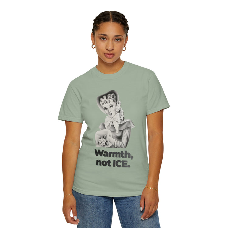 "Warmth, not ICE" Vintage Portrait Tee | Pro-Immigrant Activism | Garment-Dyed Heavyweight Crewneck