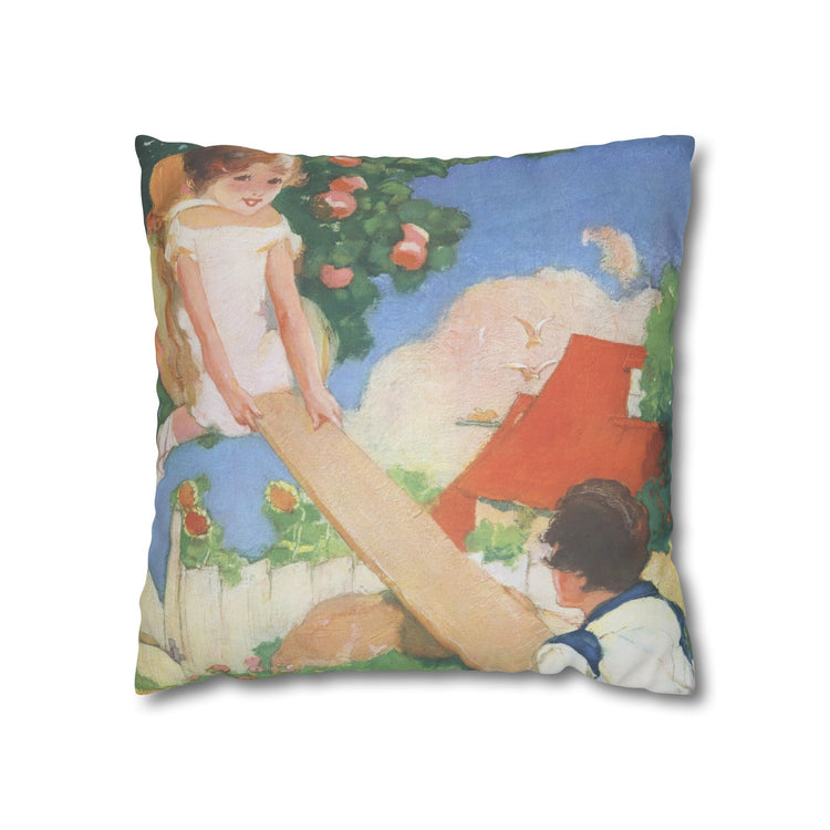 See Saw by Albert Hencke | Vintage Nursery Illustration | Faux Suede Pillowcase