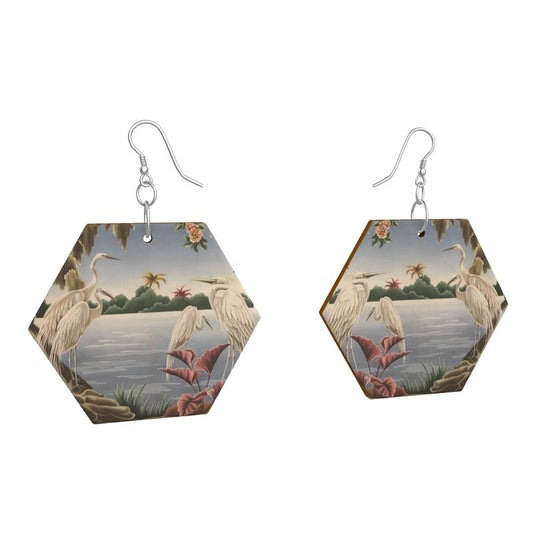 Turner Egret Wooden Earrings | Print-on-Demand Hexagon Dangle Earrings