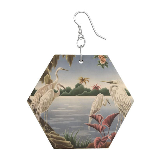 Turner Egret Wooden Earrings | Print-on-Demand Hexagon Dangle Earrings