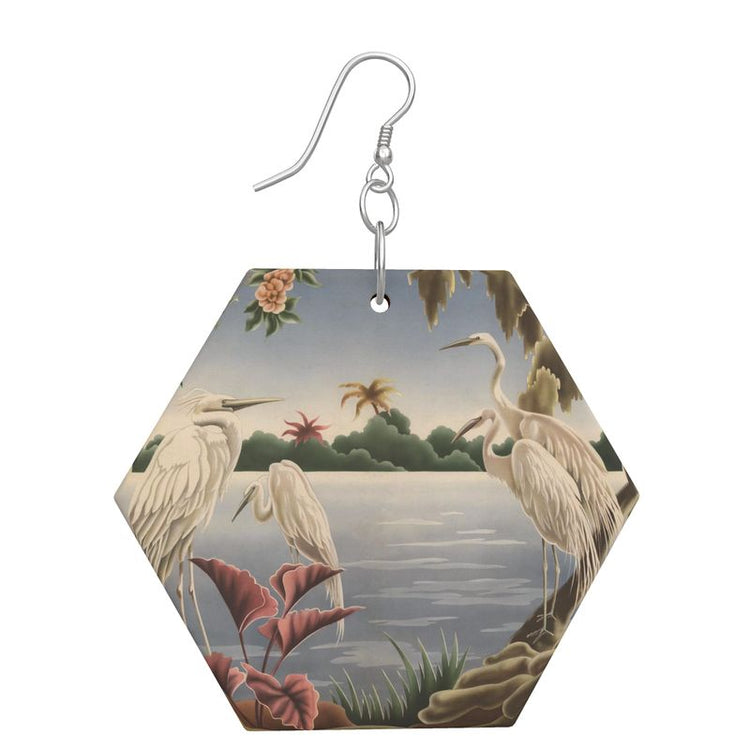 Turner Egret Wooden Earrings | Print-on-Demand Hexagon Dangle Earrings