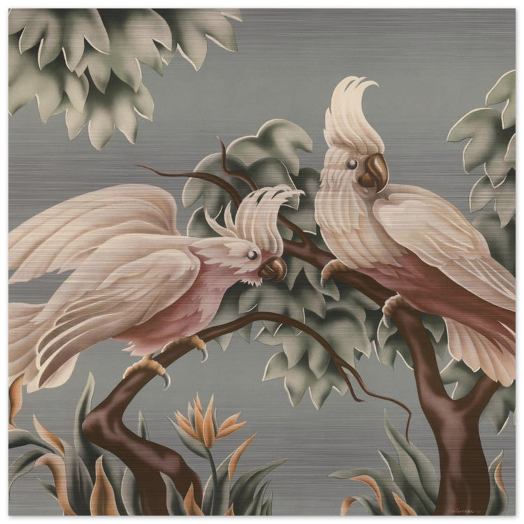 Turner White Cockatoos Brushed Aluminum Print | Vintage Tropical Bird Lithograph Metal Art