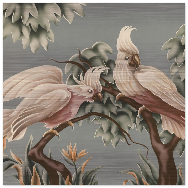 Turner White Cockatoos Brushed Aluminum Print | Vintage Tropical Bird Lithograph Metal Art
