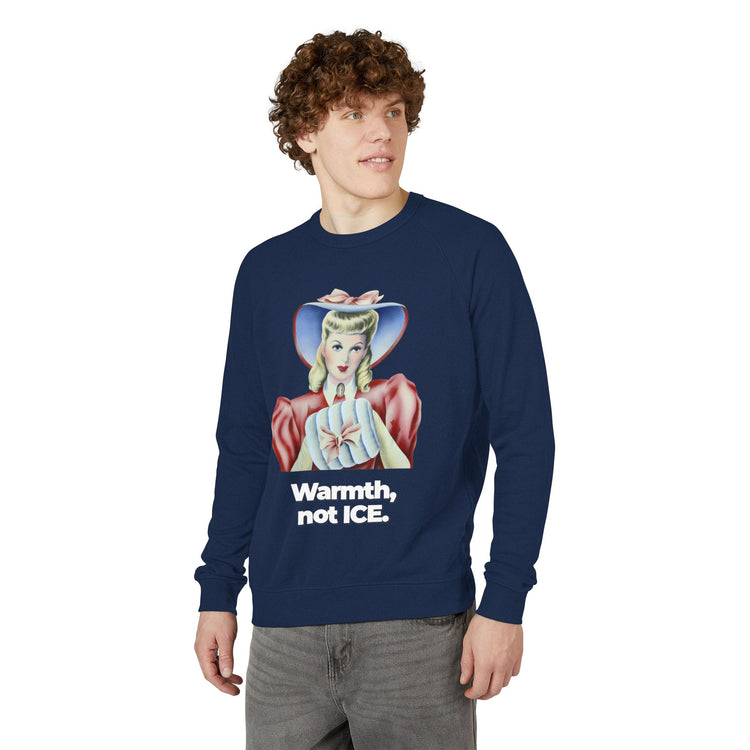"Warmth, not ICE" Vintage Portrait Raglan Crewneck | Pro-Immigrant Activism | French Terry Sweatshirt