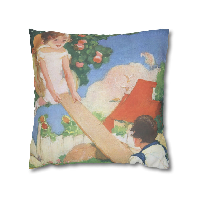 See Saw by Albert Hencke | Vintage Nursery Illustration | Faux Suede Pillowcase