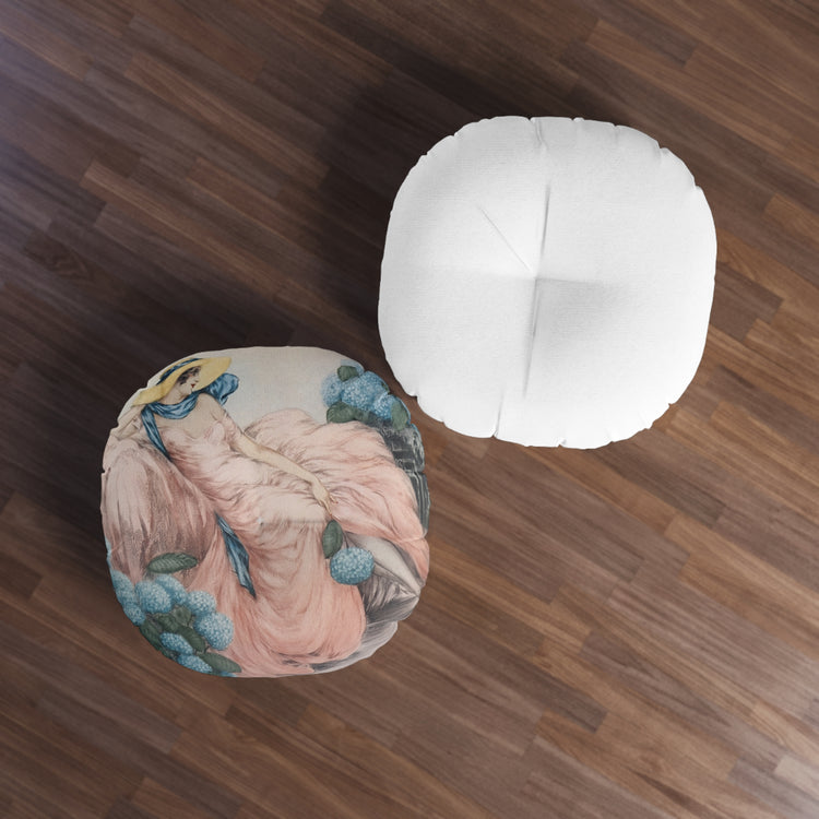 Hortense by Louis Icart | Round Tufted Floor Pillow | Art Deco Home Decor