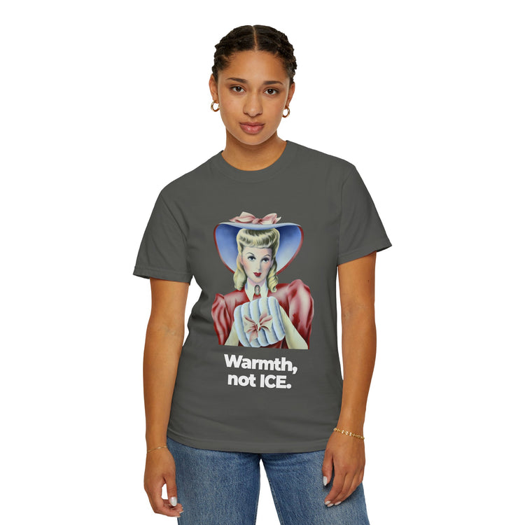 "Warmth, not ICE" Vintage Portrait Tee | Pro-Immigrant Activism | Garment-Dyed Heavyweight Crewneck