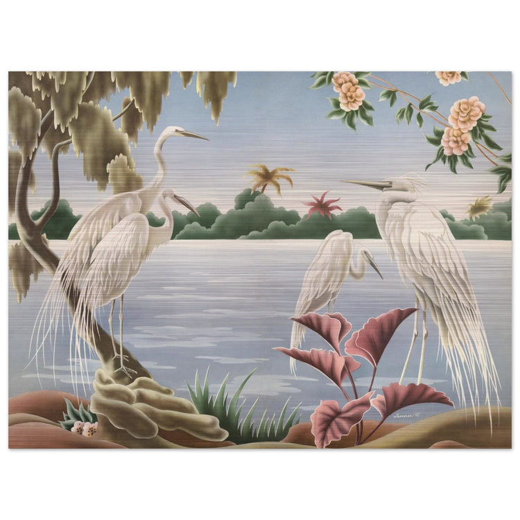 Turner Egrets Brushed Aluminum Print | Vintage Lakeside Bird Lithograph Metal Art