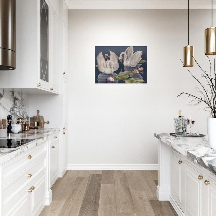 Turner Swans and Lillies Brushed Aluminum Print | Vintage Bird Lithograph Metal Art