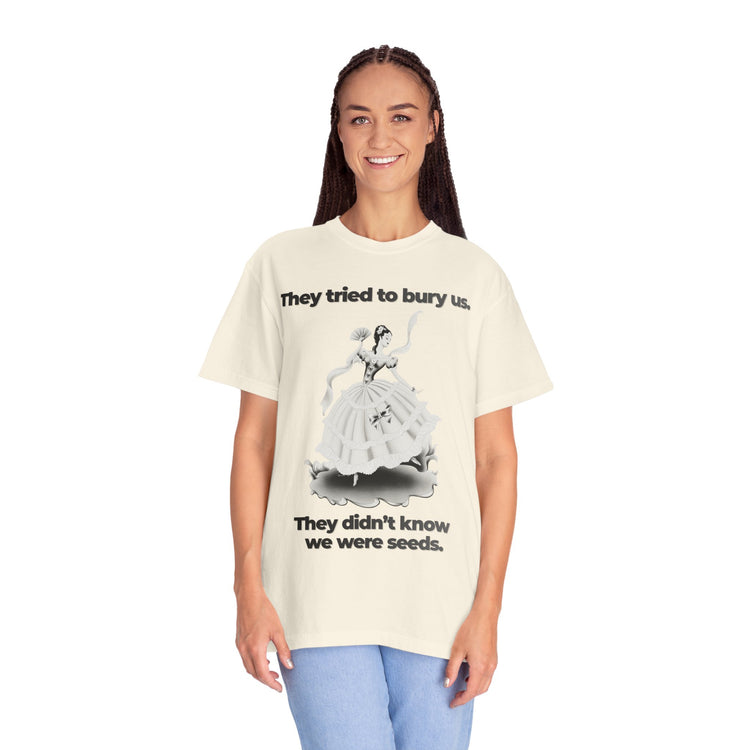 "They Tried to Bury Us" Vintage Portrait Tee | Immigrant & Queer Resilience | Garment-Dyed Heavyweight Crewneck