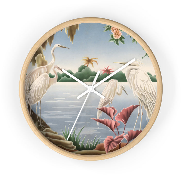 Turner Egrets Wall Clock — Vintage Lakeside Bird Lithograph Home Decor
