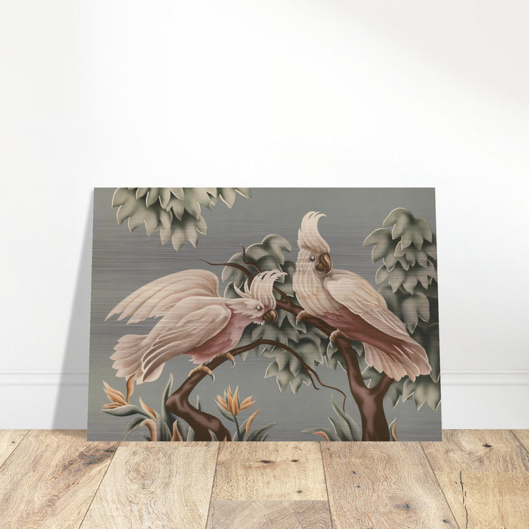 Turner White Cockatoos Brushed Aluminum Print | Vintage Tropical Bird Lithograph Metal Art