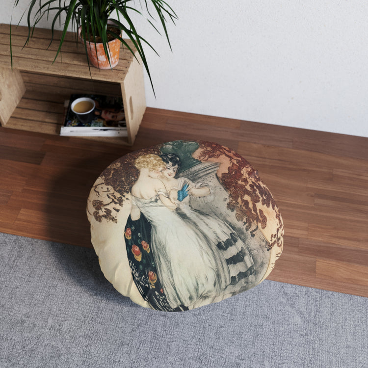 Secrets by Louis Icart | Round Tufted Floor Pillow | Art Deco Home Decor
