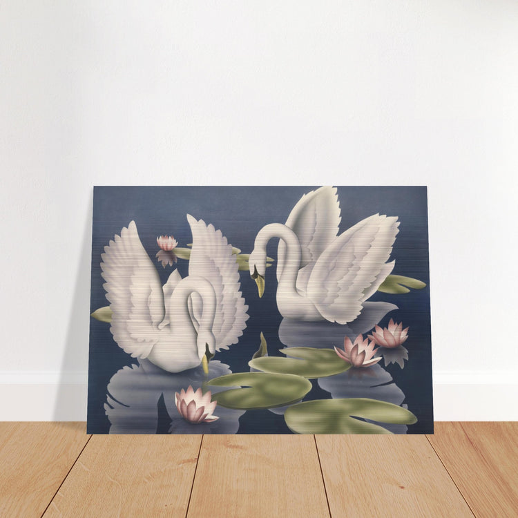 Turner Swans and Lillies Brushed Aluminum Print | Vintage Bird Lithograph Metal Art