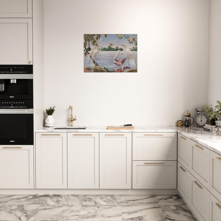 Turner Egrets Brushed Aluminum Print | Vintage Lakeside Bird Lithograph Metal Art