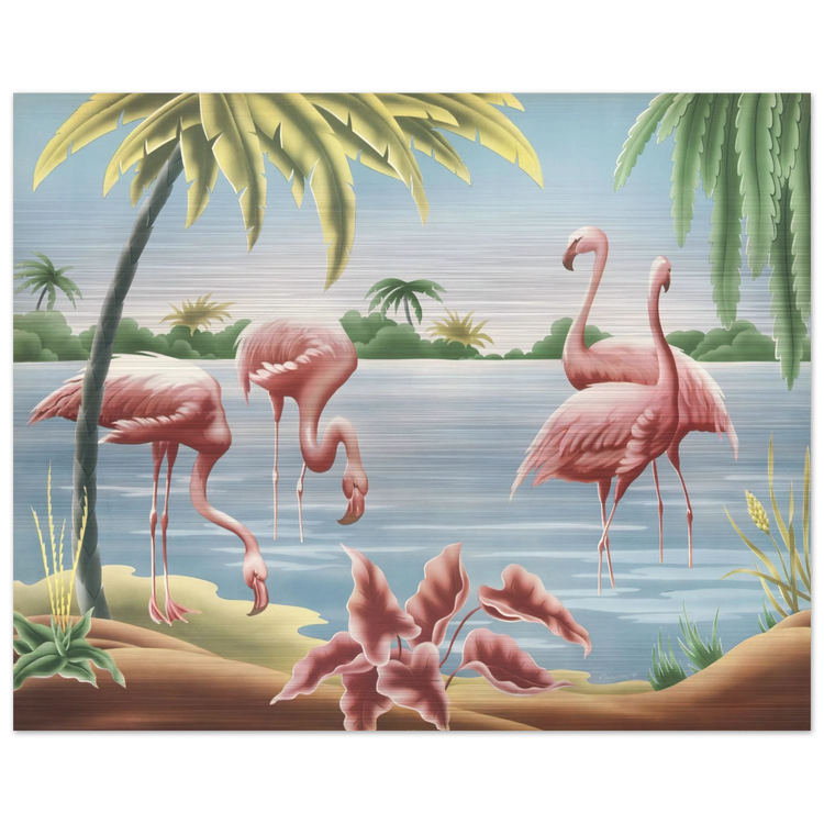Turner Flamingo Brushed Aluminum Print | Vintage Tropical Bird Lithograph Metal Art