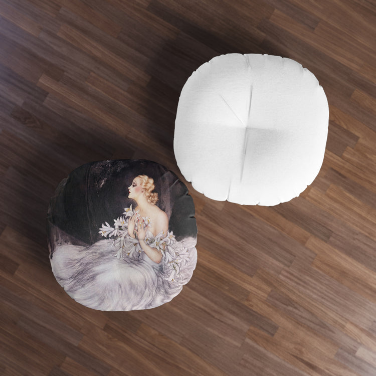 Lilies by Louis Icart | Round Tufted Floor Pillow | Art Deco Home Decor