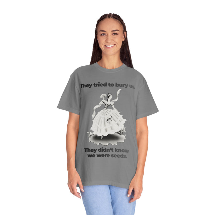 "They Tried to Bury Us" Vintage Portrait Tee | Immigrant & Queer Resilience | Garment-Dyed Heavyweight Crewneck